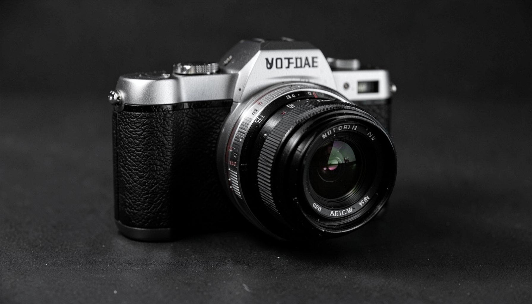 Digital camera with lens on a dark surface, professional photography vibe in charcoal and silver