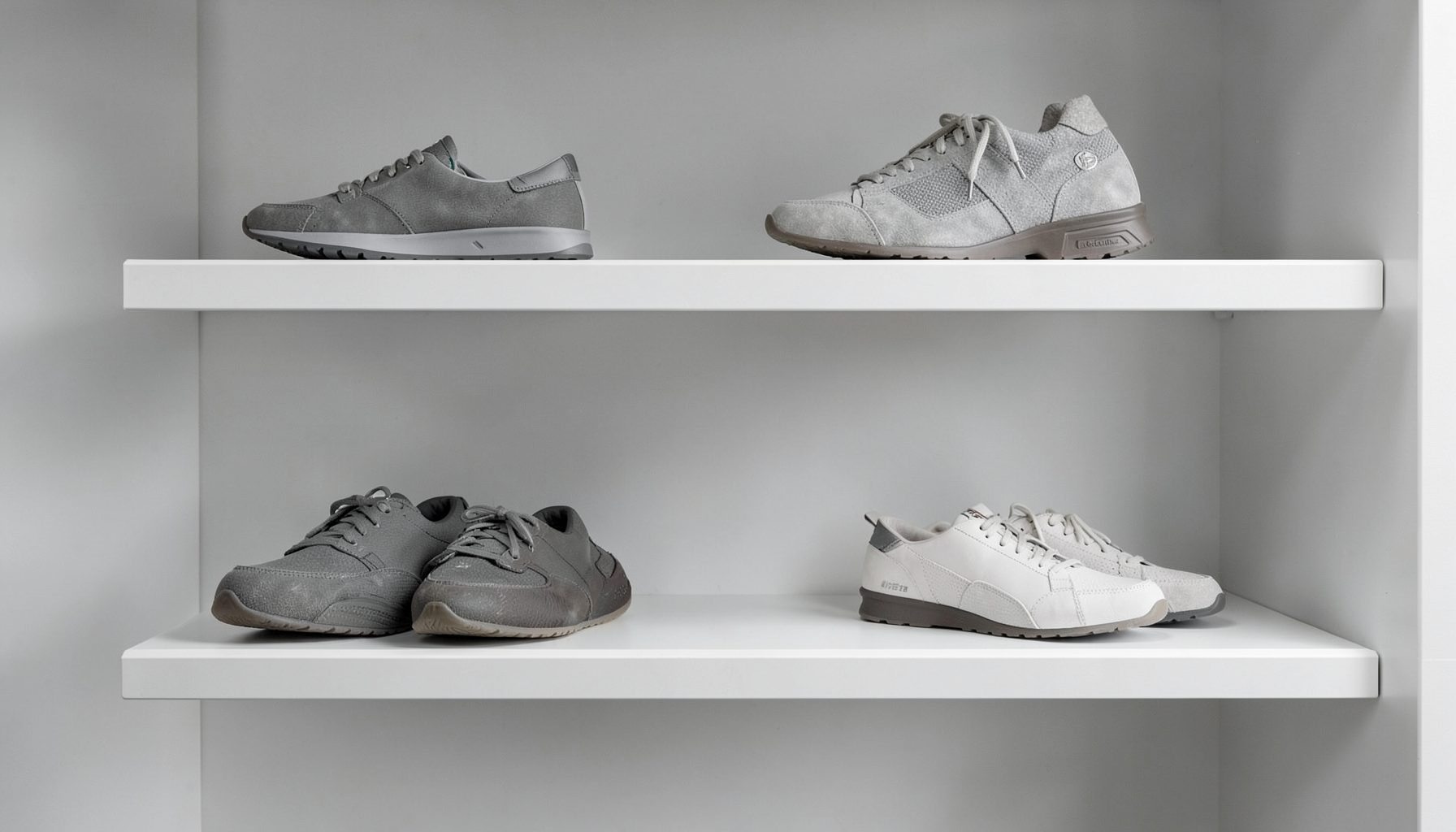 Footwear displayed on a minimal shelf, clean and modern in neutral gray and white tones