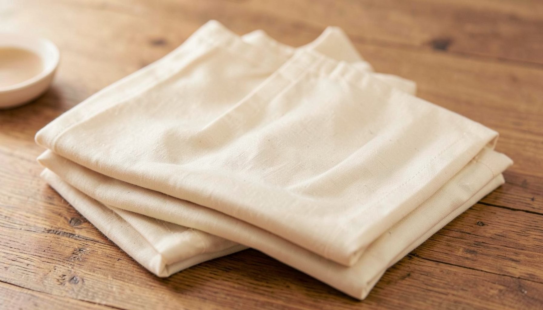 Neatly folded clothing on a wooden surface, warm and inviting with soft beige and cream tones